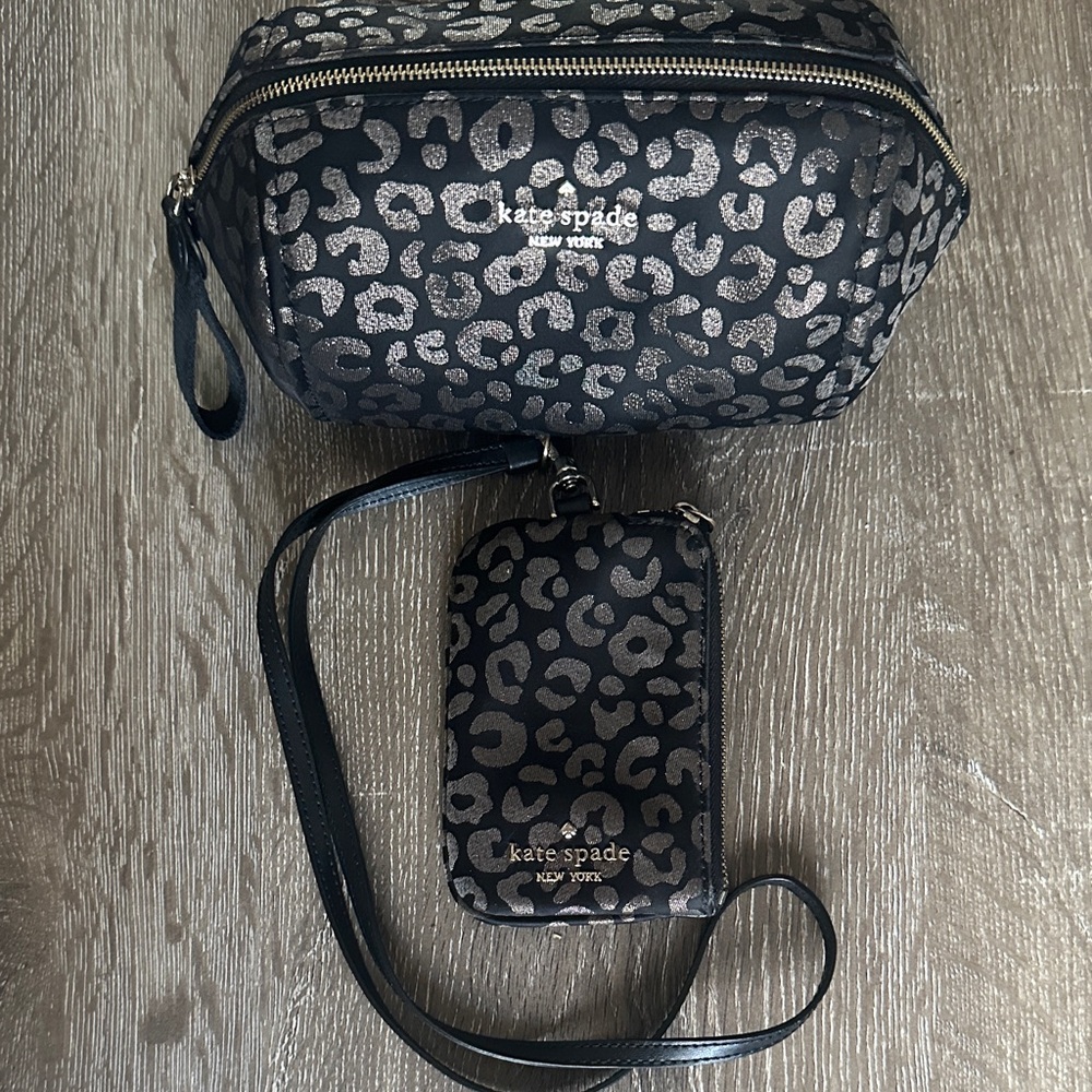 Kate Spade Black and Silver Leopard Cosmetic Bag Set